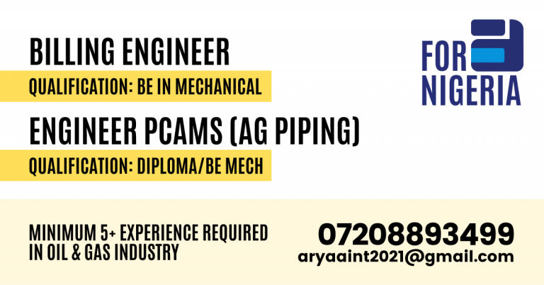 Billing Engineer Location Nigeria Qualification BE in Mechanical Experience 5+ in oil & gas Location Nigeria