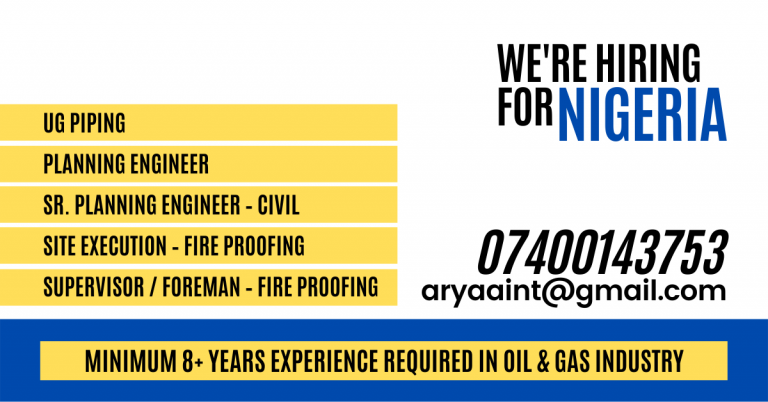 UG Piping Planning Engineer Site Execution – Fire Proofing Sr. Planning Engineer – Civil Supervisor – Fire Proofing Foreman – Fire Proofing