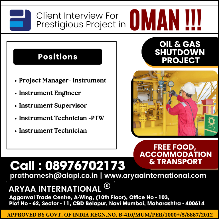#OmanJobs #ShutdownProject #InstrumentationJobs #GulfJobs #OilAndGasJobs #OverseasJobs #OMAN2025 #FreeFoodAndAccommodation #AryaaInternational #EngineeringJobsAbroad #GulfHiring #ClientInterview #JobsInMiddleEast